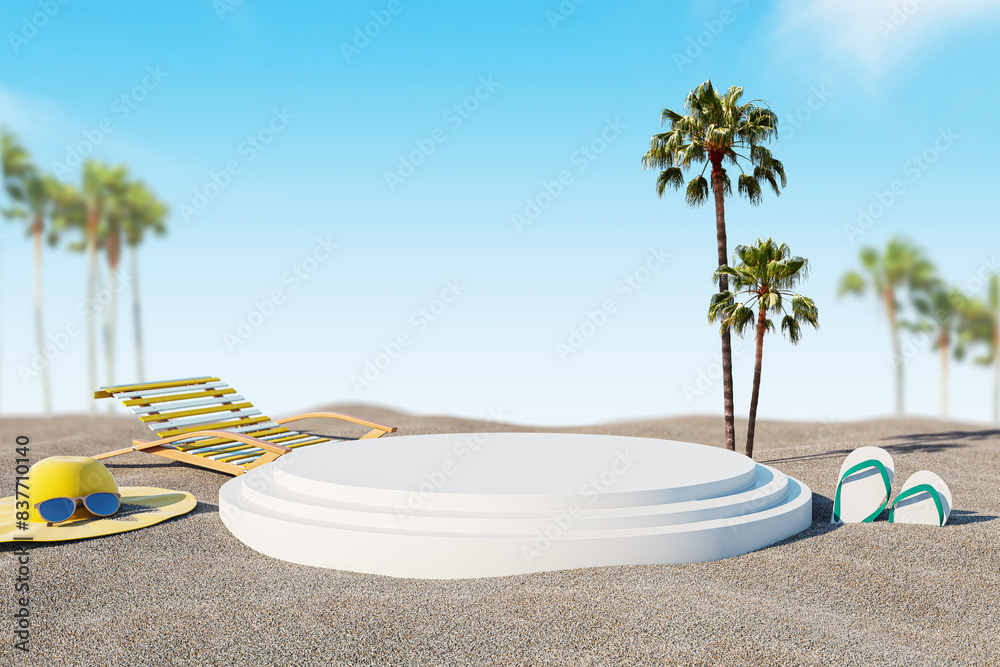 Poster creative beach image with white mock up pedestal, various objects, sand and blue sky. summer and hol