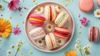 High-angle shot of assorted colorful macarons on a plate with summer decorations