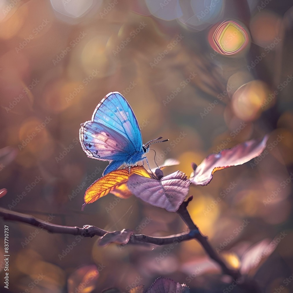 Poster a blue butterfly sits on top of a colorful leaf and leaves