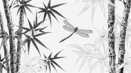 Hand draw bamboo and dragonfly, black and white, flat design, intricate detail