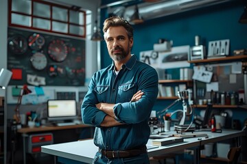 Fototapeta premium Engineering Teacher in Classroom with Toolset and Technology
