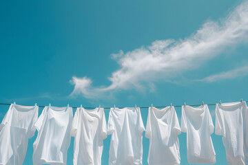 青空の下で洗濯物のTシャツを干す