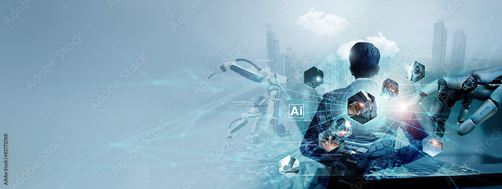 Poster Artificial Intelligence and future trend of business, Ai. Business and digital transformation, Data exchange, Future of business and corporate global is powered by technology AI smart with innovation.