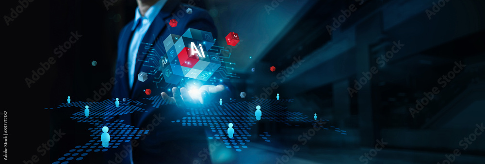 Fototapete Ai Business and digital transformation, Abstract cube of Artificial Intelligence, Future of business and corporate global is powered by AI smart with synchronize and analysis of customer data network.
