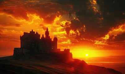 Obraz premium Ancient castle on a hill, sunset, dramatic sky close up, focus on, copy space Double exposure silhouette with medieval landscape