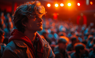 Obraz premium Young man is watching show in concert hall