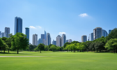 Obraz premium Urban Oasis: Green Park Amid City Skyscrapers