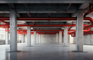 Modern Industrial Space with Bold Red Piping