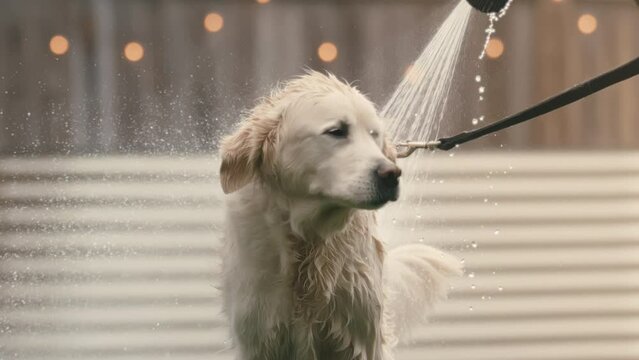 White golden retriever gets wet from hose bath in back yard in slow motion