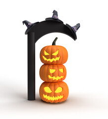 sickle pumpkin fruit yellow orange color hat violet purple color object icon symbol sign happy halloween horror autumn party 31 thirty one day date october spooky decoration ornament holiday night art