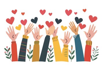 Charity illustration concept with raised hands and hearts. Community compassion, love, and support towards those in need