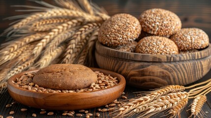  Two wooden bowls, each brimming with loaves of wheat, rest atop a weathered wooden table