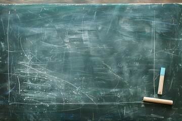 Dirty class blackboard with back to school message and white chalk and eraser close up. Top view