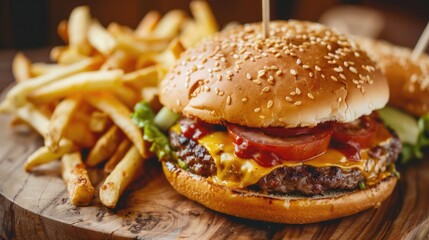 Cheese burger with Golden French fries on wooden board