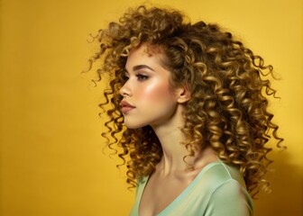 Fashion studio portrait of young beautiful women with curly hair.Nice girl with wavy hairstyle and bright make up isolated over yellow background.Beauty and hair care concept,yellow lifestyle.
