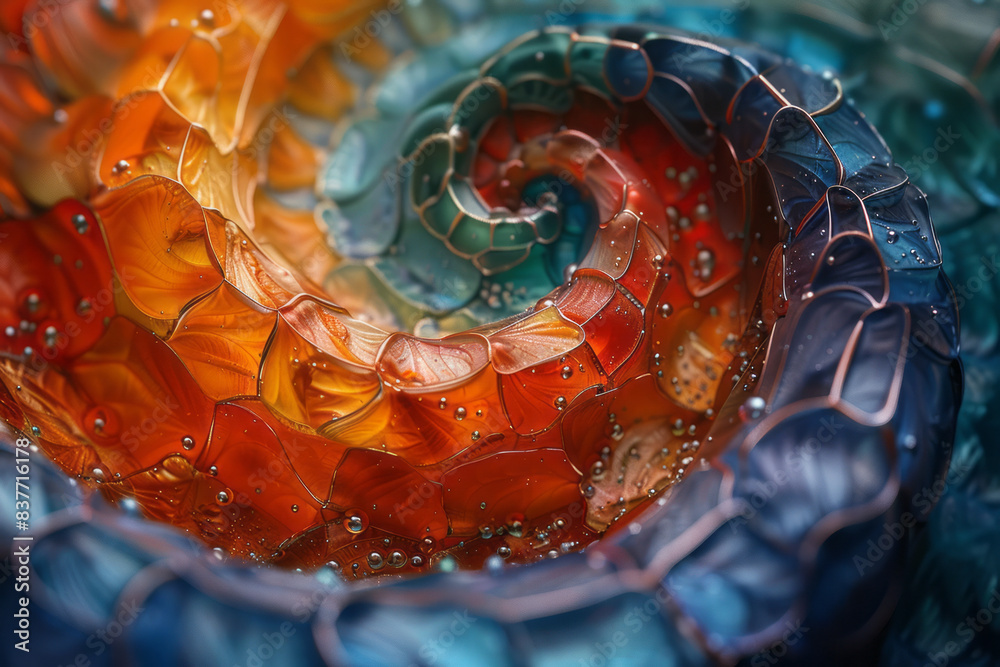 Poster an abstract digital mosaic of a spiral pattern, with 3d pixels creating depth and movement,