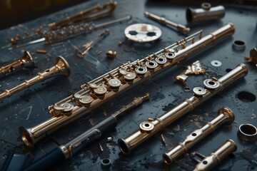 Naklejka premium Detail of tansverse flute disassembled three parts on black table