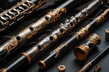 Naklejka premium Detail of tansverse flute disassembled three parts on black table