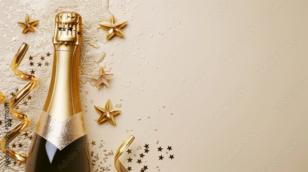 Poster champagne bottle of golden color closed with golden foil, golden confetti stars and golden party