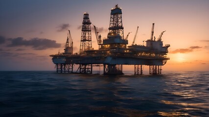 A majestic spar with an oil drilling platform, illuminated by lanterns and spotlights, rises from the ocean's surface at dawn.