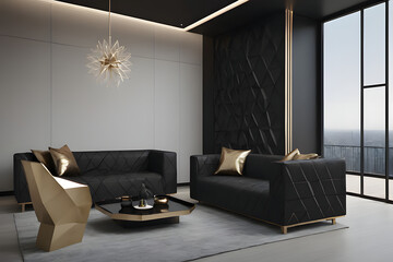 Minimalist Interior with 3D Abstract Polygon Pattern on Black Wall






