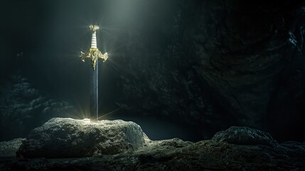 Naklejka premium an ornate arthur excalibur sword stuck in a stone in the cave with beam rays of light from above, on black background