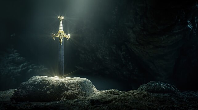 an ornate arthur excalibur sword stuck in a stone in the cave with beam rays of light from above, on black background