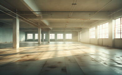 Obraz premium Sunlit Empty Industrial Warehouse Interior