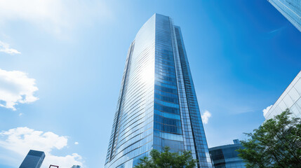 Fototapeta premium Modern Skyscraper Against a Bright Blue Sky