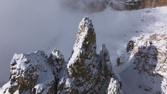Drone Aerial Flight Over Majestic Mountain Peaks Dolomites, Italy