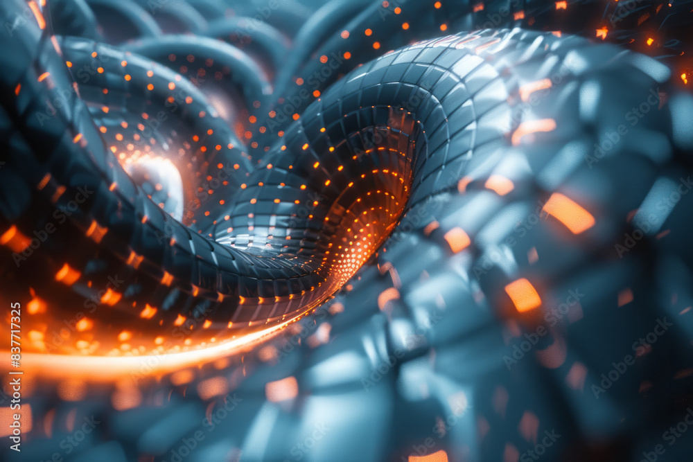 Poster an abstract image of a pixel grid with 3d cubes arranged in a spiral, creating a sense of motion,