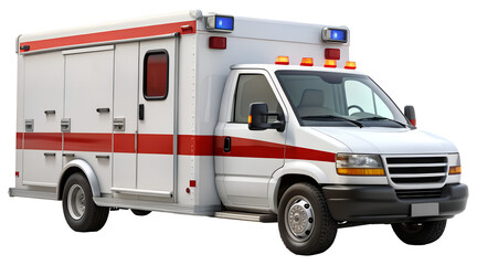 White ambulance with red and blue lights png isolated on transparent background