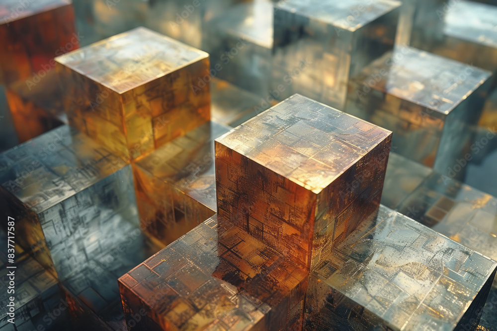 Poster a close-up of a pixel grid with 3d cubes forming an intricate, repeating pattern,