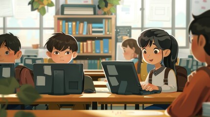 Fototapeta premium Children Sitting at their School Desk Using Personal Computers and Digital Tablets for Assignments.