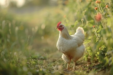 Fototapeta premium A white hen standing on a dirt path surrounded by green bushes and flowers in a rural setting, bathed in warm sunlight.