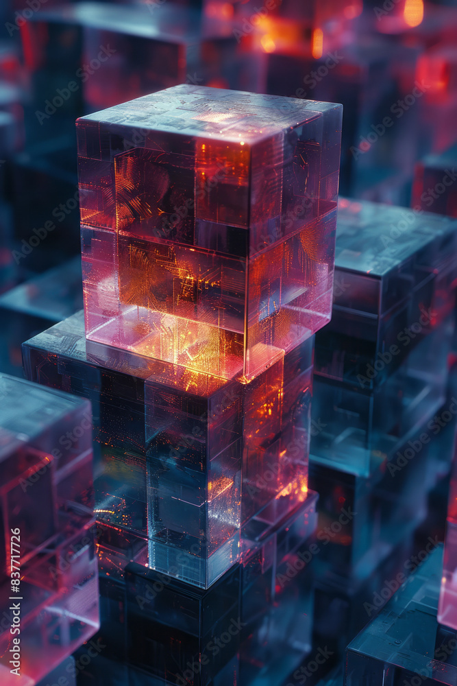 Poster an abstract design of 3d cubes in a pixel grid, with varying sizes and heights creating a dynamic co