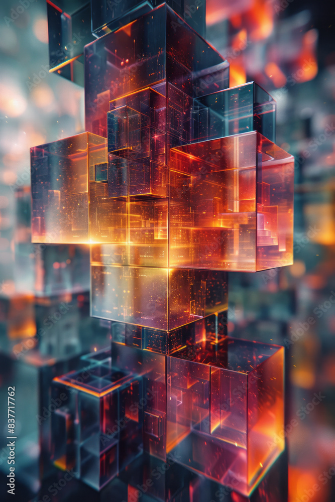Poster an abstract design of 3d cubes in a pixel grid, with varying sizes and heights creating a dynamic co