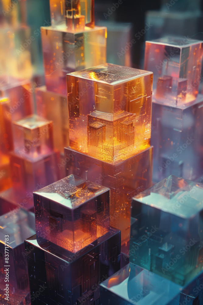 Poster an abstract design of 3d cubes in a pixel grid, with varying sizes and heights creating a dynamic co