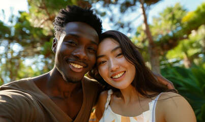 Naklejka premium Selfie of a cute young couple in nature. African American man and Japanese woman. Romantic selfie.