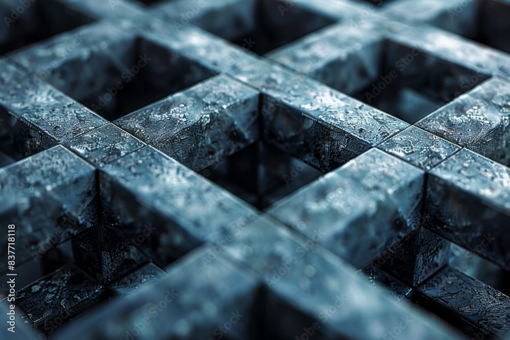 Poster a visual of a pixel grid where 3d cubes are arranged in a fractal pattern, creating intricate detail