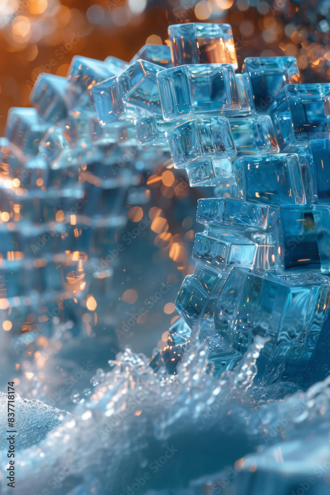 Poster an abstract image of a pixel grid with 3d cubes forming the shape of a wave, frozen in time,