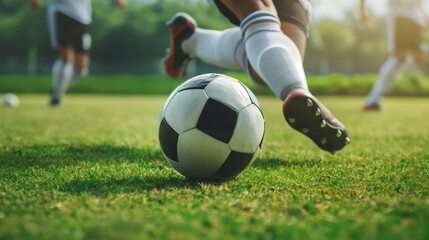 Fototapeta premium Close-up action shot capturing a soccer player's foot striking a soccer ball during a game on a grassy field