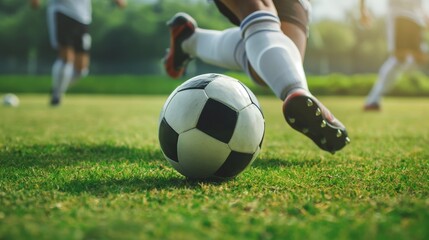Close-up action shot capturing a soccer player's foot striking a soccer ball during a game on a grassy field
