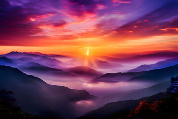 Fototapeta premium Vibrant Sunrise Over Mountain Range: Breathtaking Landscape Photography