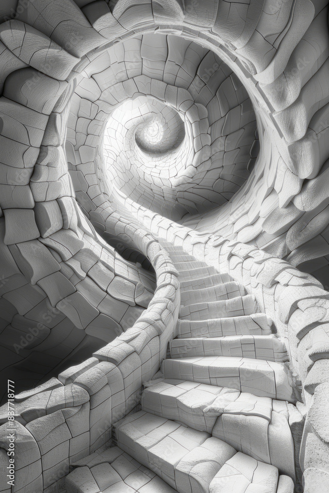 Poster a visual of a pixel grid where 3d cubes form a spiral staircase, creating a sense of depth and persp