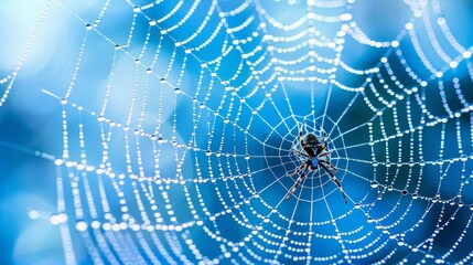 Naklejka premium A tight shot of a spider's web, adorned with water droplets in its heart, against a backdrop of clear blue sky