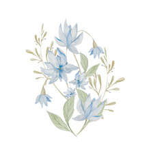 Fototapeta premium Watercolor Blue Flowers Cornflowers. Light Composition with Flowers, Twigs, Leaves. Design Element for Cards, Posters, Flyers, Cosmetics Packaging, Textiles