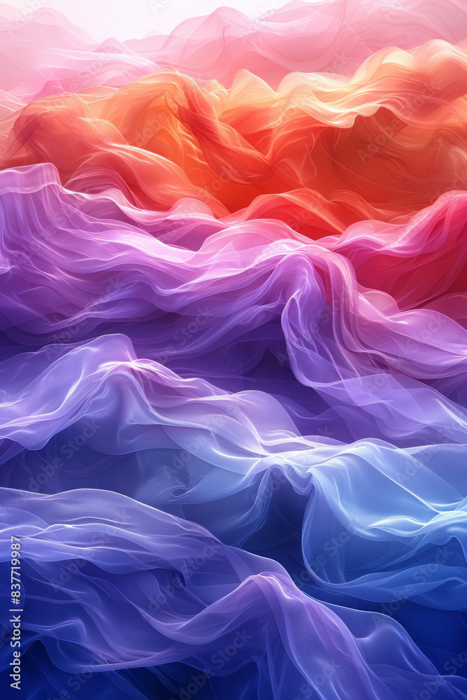Poster a visual of gradient waves in sunset hues, with curves transitioning smoothly from one color to anot