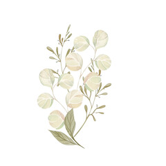 Abstract Leaves and Twigs in Beige and Green Pastel Colors. Light Watercolor Illustration. Children's Clothing Design Element , Cards, Posters, Flyers, Cosmetics Packaging, Textiles