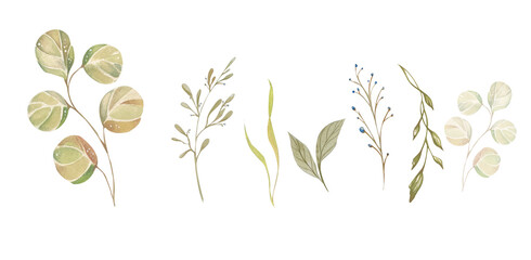 Set of Abstract Watercolor Twigs, Leaves, Herbs. In Beige Green Blue Pastel Colors. Children's Clothing Design Element , Cards, Posters, Flyers, Cosmetics Packaging, Textiles